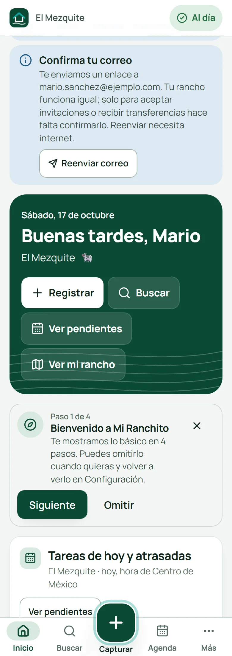 Inicio de Mi Ranchito en El Mezquite: «Buenas tardes, Mario» con los botones Registrar, Buscar y Ver pendientes