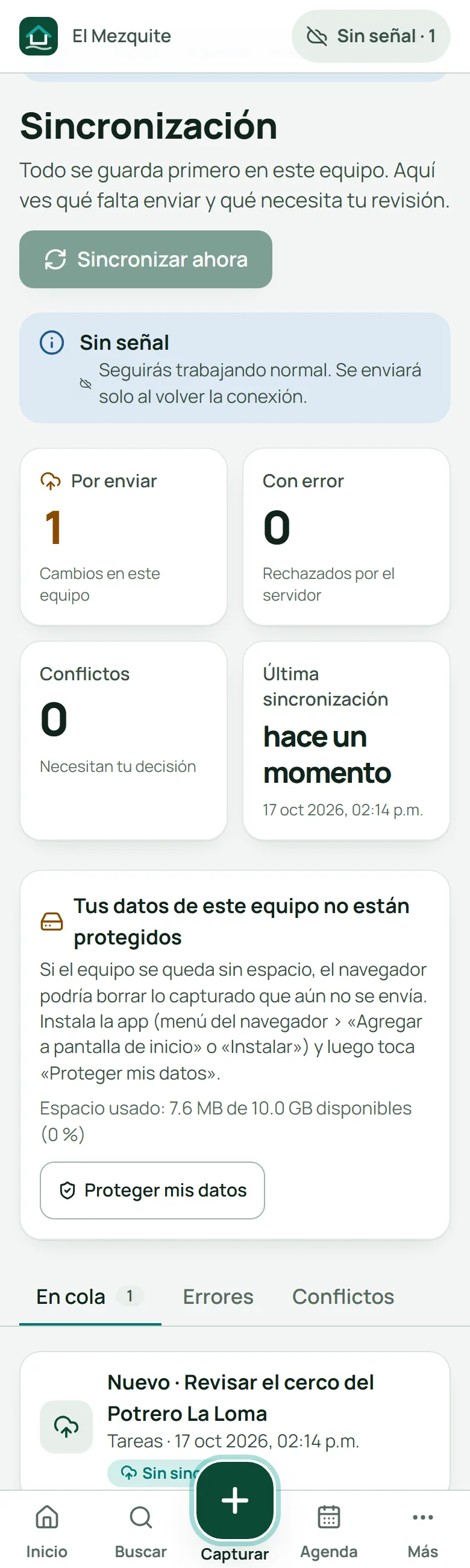Pantalla Sincronización sin señal: el indicador de arriba dice «Sin señal · 1» y hay un cambio por enviar