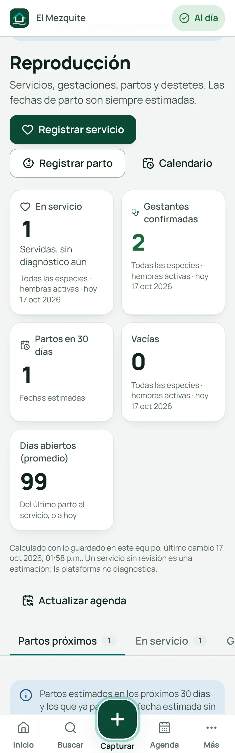 Tablero de Reproducción: 1 en servicio, 2 gestantes confirmadas y 1 parto en 30 días
