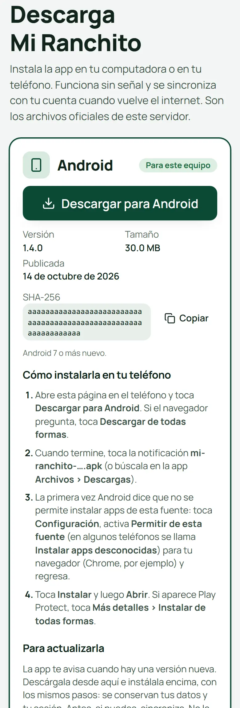 Página Descargar de miranchito.space en el teléfono, con el botón Descargar para Android