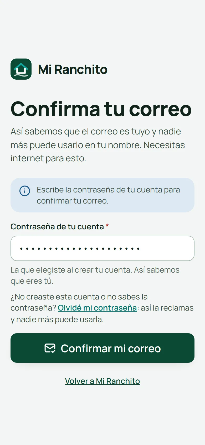 Página para confirmar el correo: escribe tu contraseña y toca Confirmar mi correo