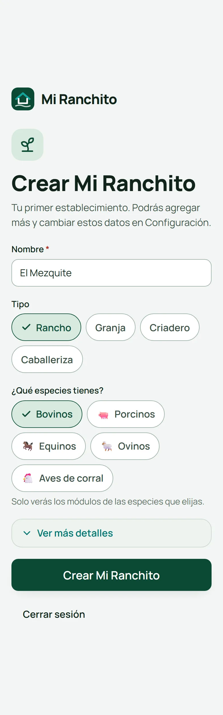 Formulario «Crear Mi Ranchito» con el nombre El Mezquite y bovinos
