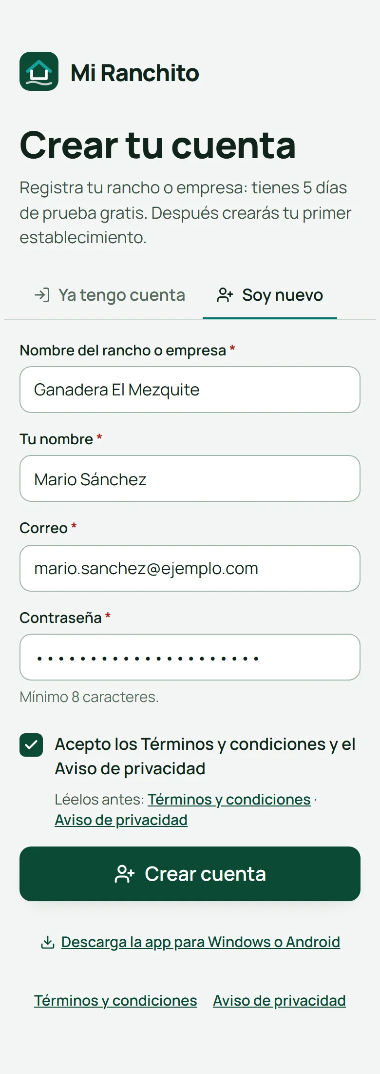 Pantalla para crear tu cuenta con los datos llenos