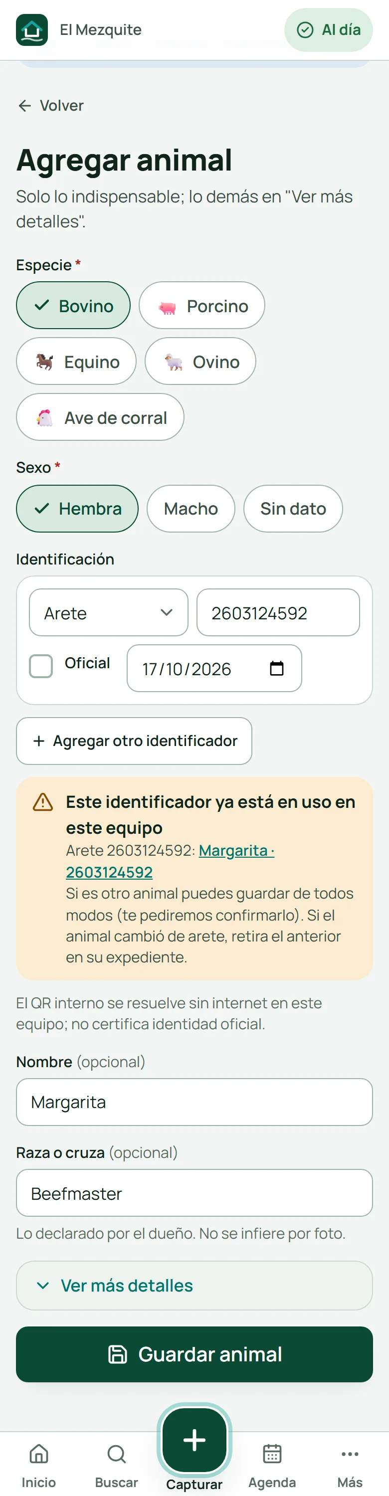 Formulario Agregar animal lleno: bovino, hembra, arete 2603124592, Margarita
