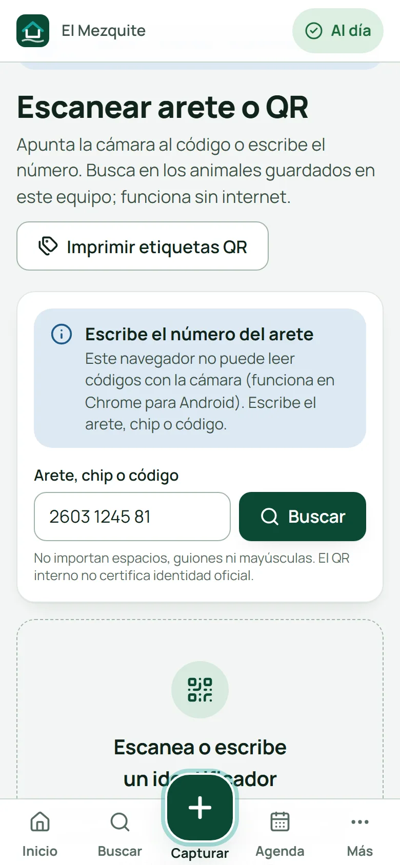 Escanear arete: escribir el número cuando la cámara no lo lee