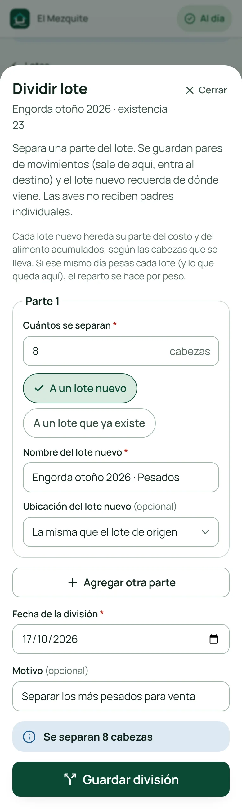 Hoja Dividir lote: 8 cabezas a un lote nuevo