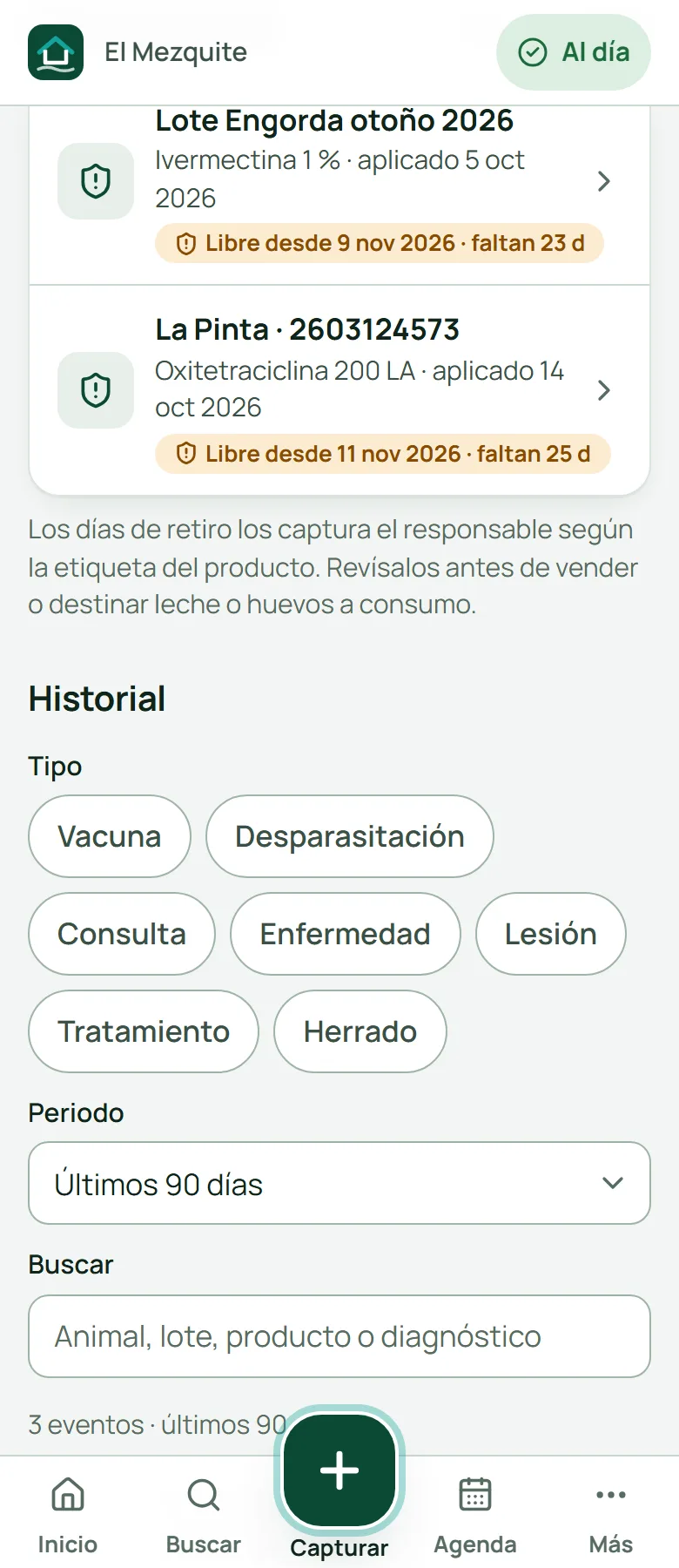 Retiros activos: lote de engorda y La Pinta, con la fecha «libre desde»