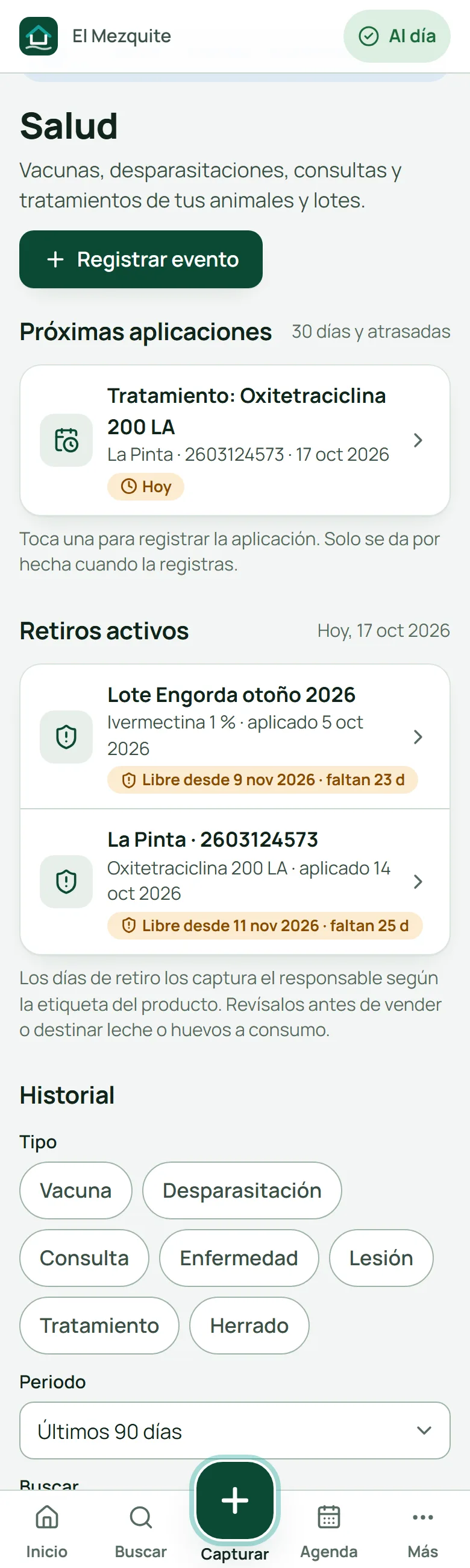 Pantalla Salud con próximas aplicaciones y retiros activos