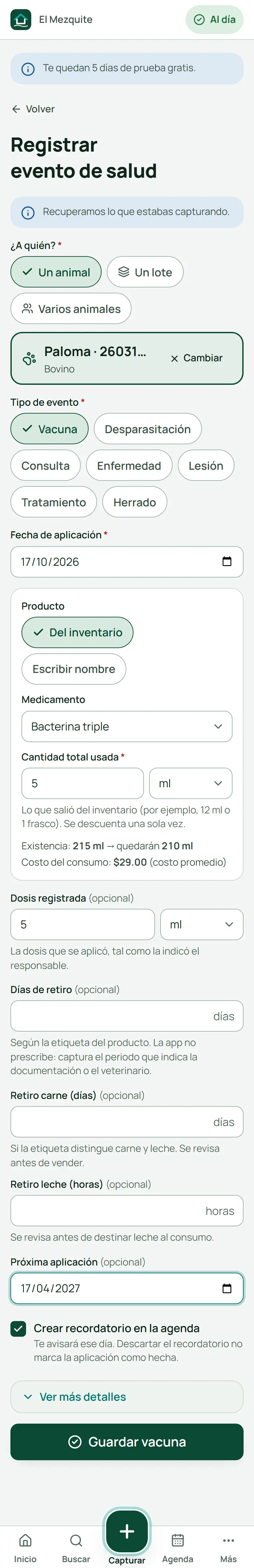 Registrar vacuna para Paloma con Bacterina triple