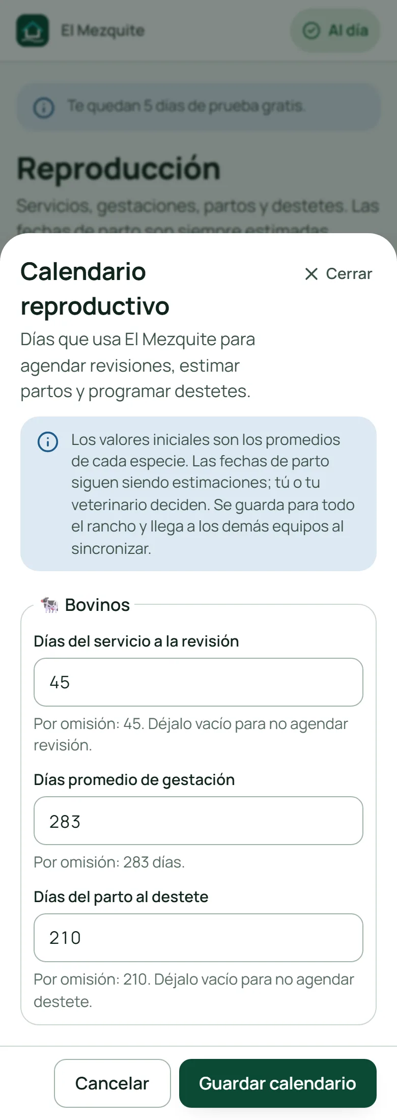 Calendario del rancho: días a la revisión, gestación y destete