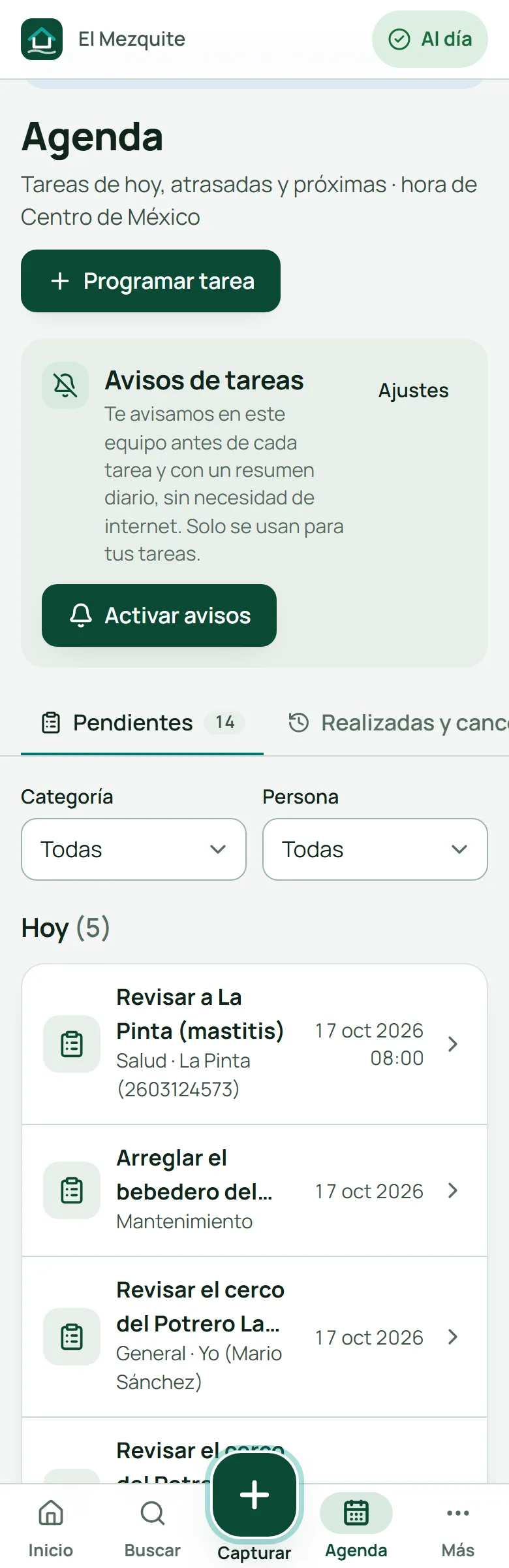 Agenda con las tareas de hoy y de los próximos días