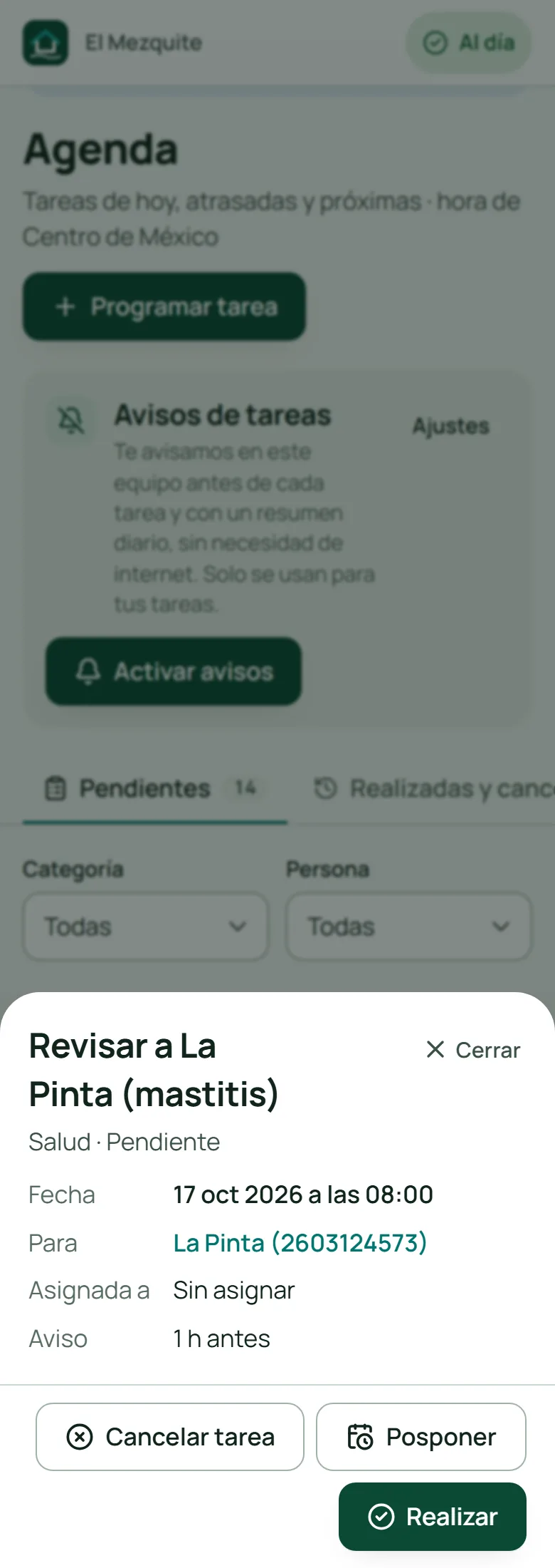 Una tarea abierta con sus botones