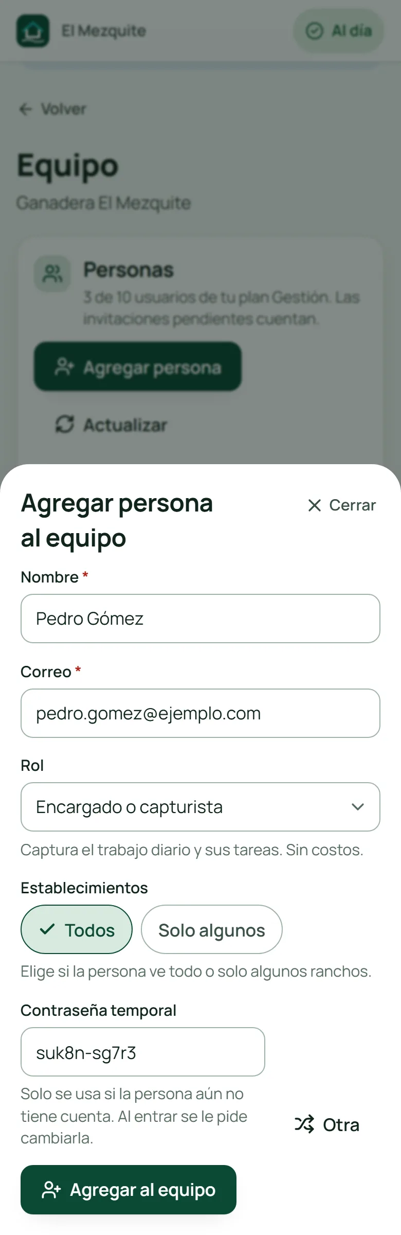 Hoja Agregar persona al equipo