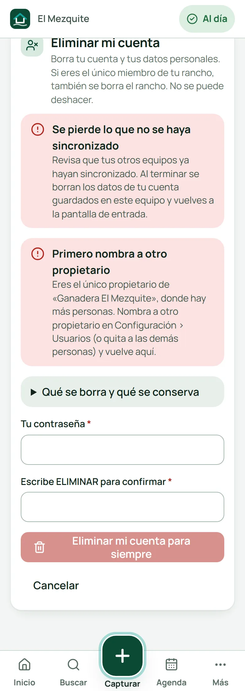Eliminar mi cuenta: escribe tu contraseña y la palabra ELIMINAR