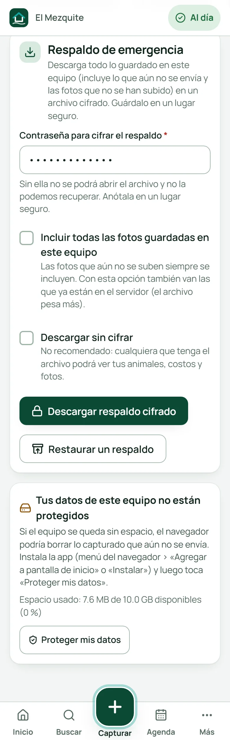 Configuración › Respaldo de emergencia